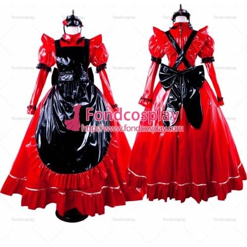 PVC lockable Sissy Maid Dress red vinyl Uniform Tailor-Made[G1563]