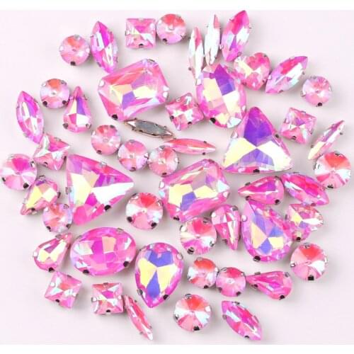 Silver claw setting jelly candy Rose AB 50pcs/bag shapes mix glass crystal sew on rhinestone wedding dress shoes bag diy