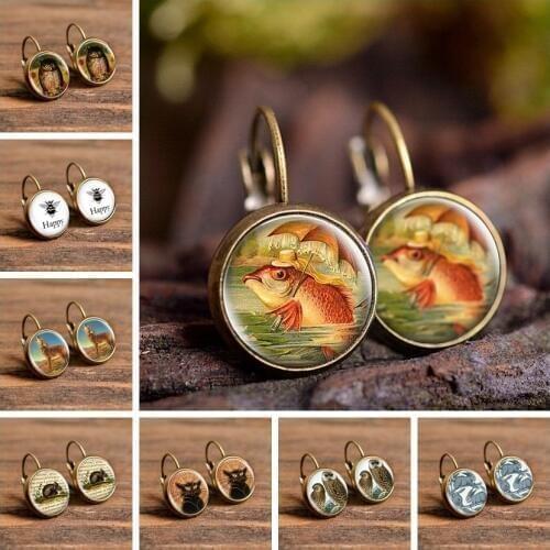 Glass Cabochon Stud Earrings Wild Animals Comic Fish Owl Bee Earrings Fashion Art Earrings Handmade Jewelry for Women Girl