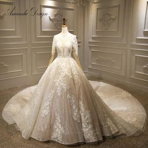 Amanda Design robe de mariee 2019 High Neck Long Sleeve Lace Applique Wedding Dress