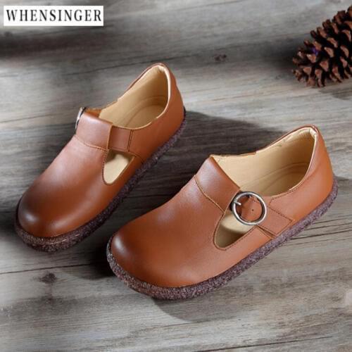 Whensinger - Women Flat Shoes loafers Genuine Leather Casual Flats Shoe Buckle Vintage Elegant Fashion Ventilation