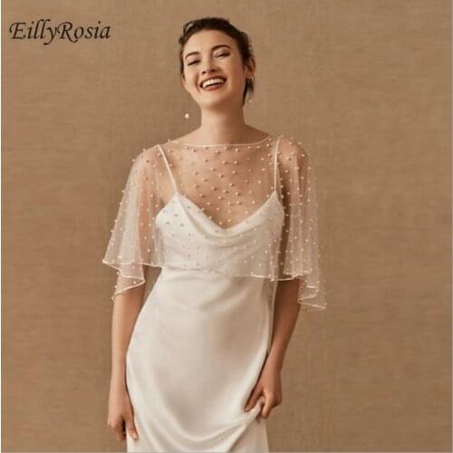 White Ivory Tulle Pears Wedding Cape Bolero Women Elegant Summer Beach Wedding Wraps Shawls Wedding Bridal Accessories
