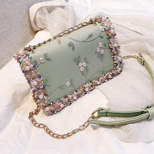 PU Leather Purses and Handbags for Women 2021 Designer Luxury Girls Female Shoppers New Fashion Pearl Lace Flower Crossbody Bags