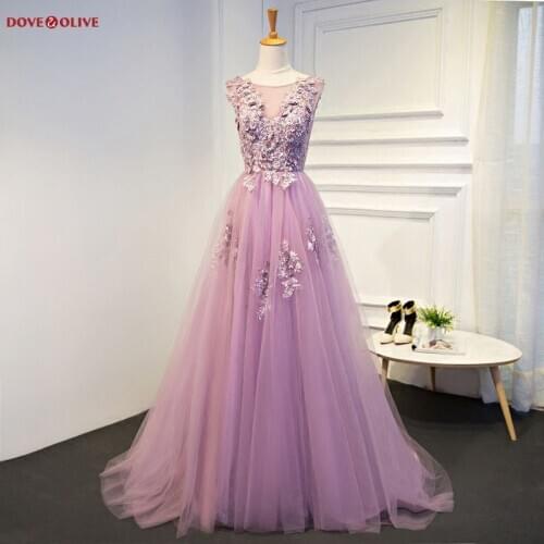 Pink Prom Dresses 2020 Lace Applique Floral Tulle Sleeveless A Line See Through Evening Formal Gowns vestidos de graduacion