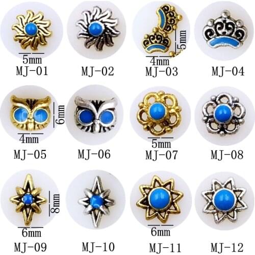 20pcs/pack metal nail art sun crown owl flower cross 3d jewelry gel nails sticker decoration art tools