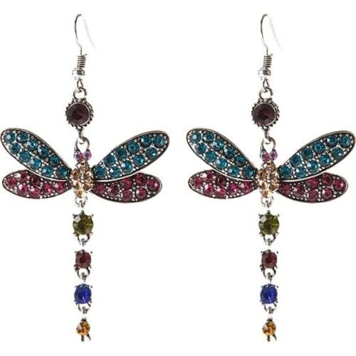 2020 Wholesale Dragonfly Earrings Crystal Rhinestone Silver Plated Hook Earrings Dangle Earrings Women Decoration