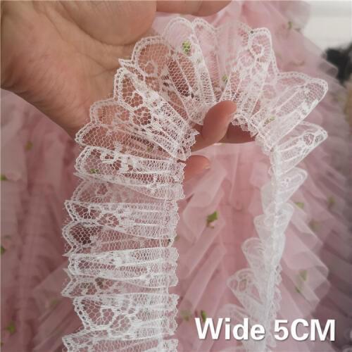 5CM Wide White Tulle Pleated Chiffon Lace Fabric Embroidered Ribbon Collar Edge Trim Decorated DIY Sewing Garment Dress Decor
