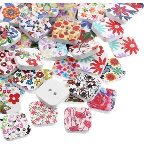 50PCs Wood Buttons Sewing Scrapbooking Floral Square Multicolor 19x19mm 7NK181