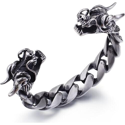 GNAYY 316L Stainless Steel Biker dragon End Open Cuff Bangle Cuban curb Chain Bracelet Unisex Mens Punk Jewelry heavy 86g