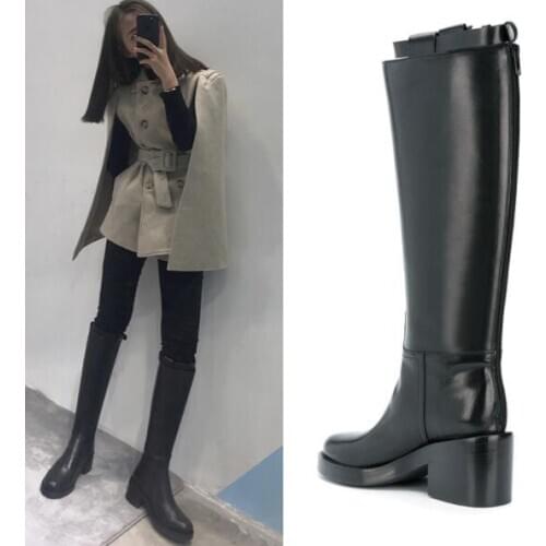 Moraima Snc Black Leather Thick Heels Boots Round toe Buckle Strap Knee High Boots Fashion Riding Boots