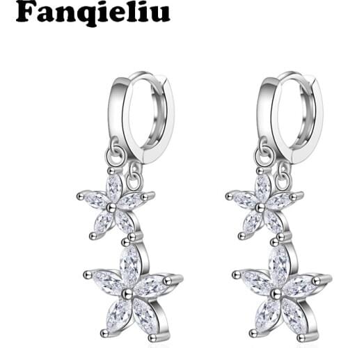 Fanqieliu Double Flower 925 Sterling Silver Earrings Woman Crystal Drop Earrings For Women Trendy Dangle Earring FQL20223