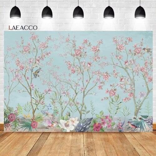 Laeacco Chinese Style Watercolor Flowers Birds Real Scene Photocall Background Baby Customized Portrait Photography Backdrops