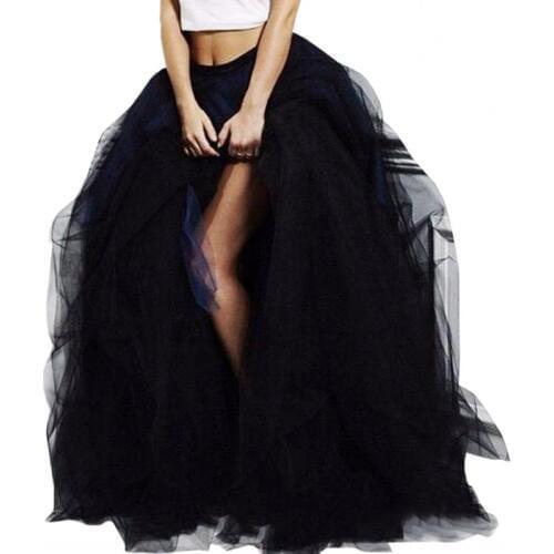 Hot Sale Hi Slit Tulle Skirt Floor Length Ball Gown Prom Dress Black Ruched Draped Women Maxi Skirt Saia Faldas Cheap Custom
