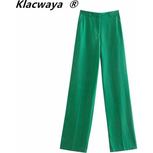 Klacwaya Women 2021 Chic Fashion Side Pockets Wide Leg Pants Vintage High Waist Zipper Fly Female Trousers Mujer