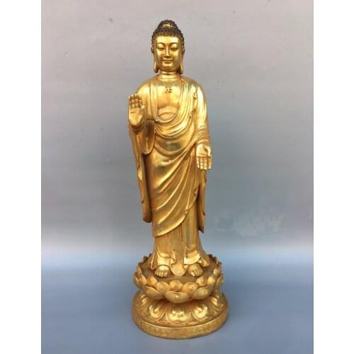 13"Chinese temple collection Old Bronze Gilt Give off Guanyin Bodhisattva statue Back light Enshrine the Buddha Ornaments