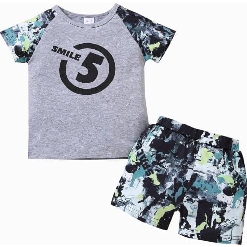 2 Pieces Kids Suit Set Floral Print Round Neck Short Sleeve T-Shirt+ Short Pants for Summer, Gray, 18 Months-5 Years