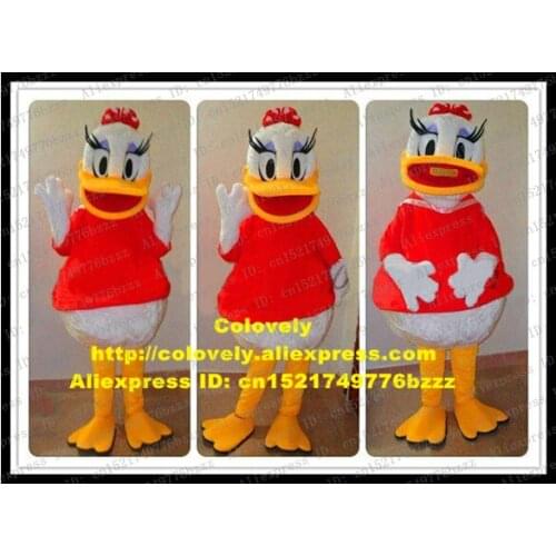Pretty White Daisy Duck Duckling Mascot Costume Adult Size With Red Bowknot Long Black Eyelash Purple Eye Shade No.5925 FS