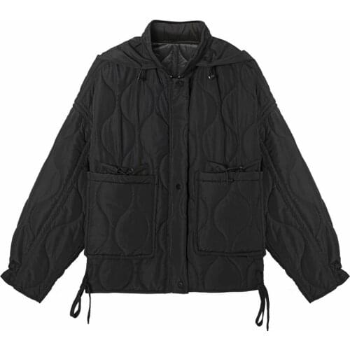 2020 Autumn Winter Women Solid Black Oversize Thin Parkas Cotton Hooded Jackets Long Sleeve Female Black Padded Overcoats