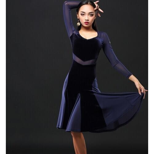Fashion Sexy Latin Dress Velvet Ballroom Dancing Skirt for Women Tango/Chacha Practice Wear with Long Mesh Sleeves 2 Color B0252