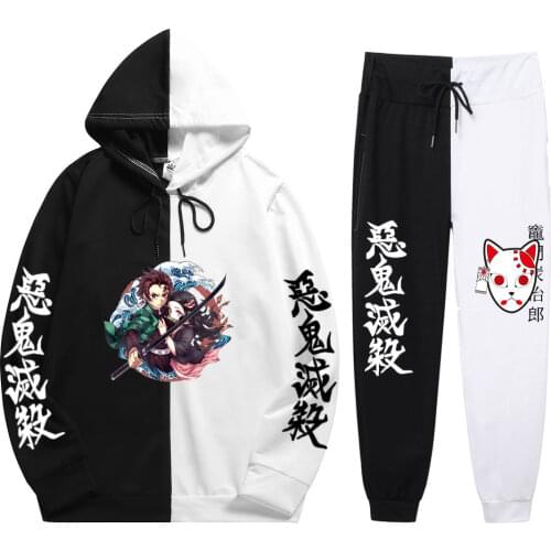 Mens 2 Pieces Sets Anime Harajuku Demon Slayer Tanjiro Kamado Print Patchwork Thin Hoodie+PatchworkPants Summer Sweatshirt