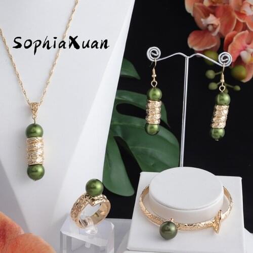 SophiaXuan Hawaiian Fashion Jewelry Sets 7 Color Pearl Gold Plated Ring Bracelets Earrings Necklace Sets for Women Gift New 2021