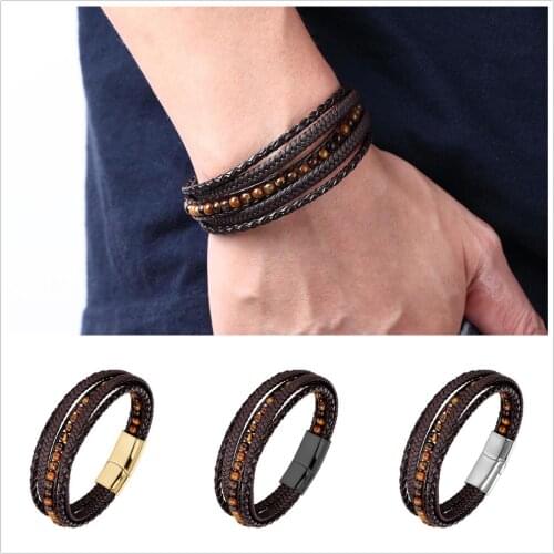 2020 New Men Leather Bracelet 4MM Natural Stone Wrap Woven Multilayer Boho Bracelet Men Handmade Magnetic Clasp Armband Jewelry
