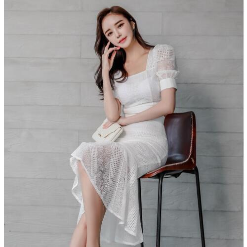 New arrival temperament lace perspective 2 pieces set sweet short shirt and long trumpet skirt fashion high quality women set