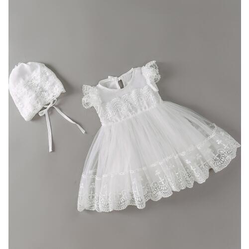 New baby dress with Cap white Embroidery lace baby girl christening gowns 1 year birthday dress baby girls clothes for 3-24M
