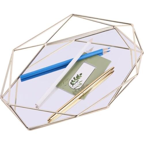 Hexagon Cosmetic Tray Decor Plate, Iron Wire+Acrylic Mirror Base Organizer