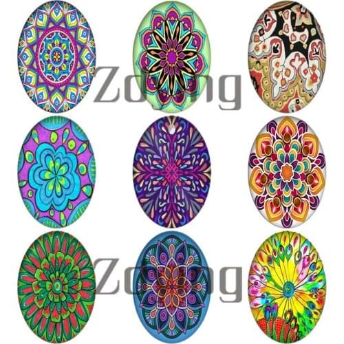 Zdying 10pcs/lot Oval Glass Mandala Flower Photo Cabochons Beads Dome DIY Necklace Brooch Jewelry Making Findings