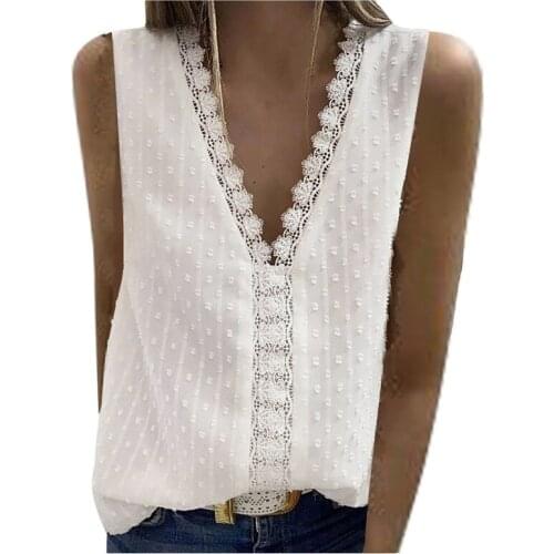 Women Summer Chiffon Lace Sleeveless Tank Tops Sexy V Neck Patchwork Fashion Tops for Girls Blusas Brief Office Work Wear Shirt