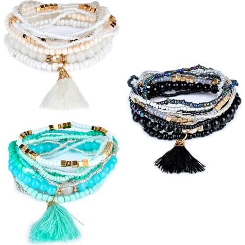 Womens Fashion Boho Beaded Rhinestone Tassels Decor Multilayer Bracelet Gift