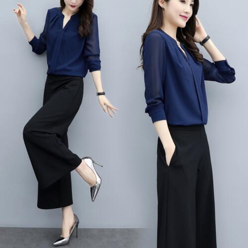 Womens suit 2019new autumn chiffon long-sleeved shirt casual elastic waist wide leg pants fashion womens temperament two-piece