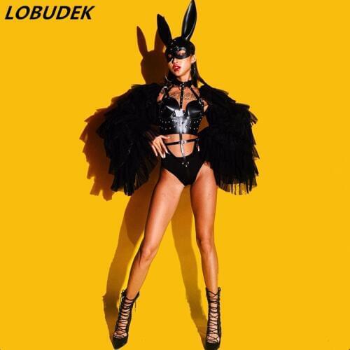 Sexy DJ Singer Nightclub Black Rivet Hollow Out Bikini Bodysuit Set Dance Costume Dance Team Bar Performance Stage Outfit Women