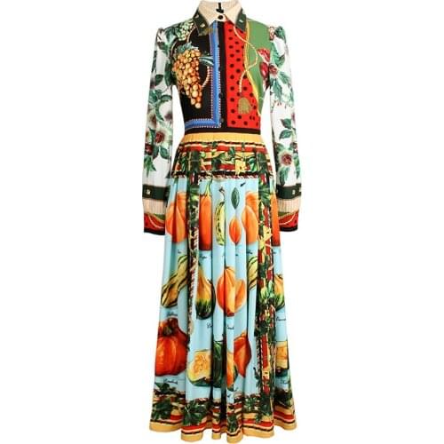 Qian Han Zi Spring Designer Fashion Women Dress Long sleeve vintage Vegetable fruit print pleated elegant party midi dress