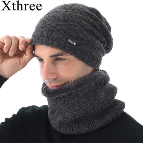Xthree Winter Skullies Hat Beanies Wool Knitted Hat Scarf With Lining Male Gorras Bonnet Winter Hats For Men Beanie