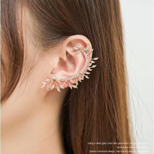 1PC Elegant Rhinestone Ear Cuff Clips for Women Ladies Charms Leaf Earring Studs Gold Color Ear Wrap Stud Party Jewelry kolczy