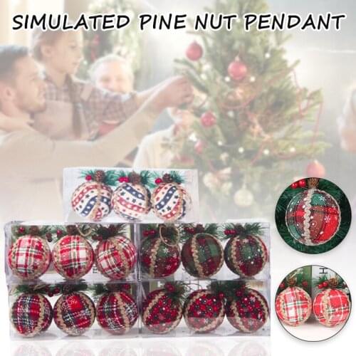 3pcs Red Plaid Painted Balls Christmas Tree Ornaments Gift PVC Ball Hanging Holiday Party Decor Christmas Pendant Drop Ornamen