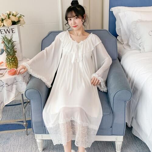 White Spring Peter Pan Collar Nightgown Sexy Lace Mesh Nightdress Flare Sleeve Long Nightshirt Intimate Lingerie Sleepwear