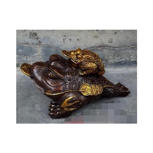 Free shipping Big 8" Chinese Folk Bronze Gilt Fengshui Wealth Money Yuanbao golden Toad Bat Statue