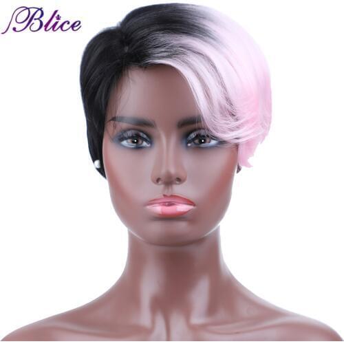 Blice Short Synthetic Wig 8 Inch Straight Mix Color FT1B /Pink Left-Side Bang Machine Made Wig For Women