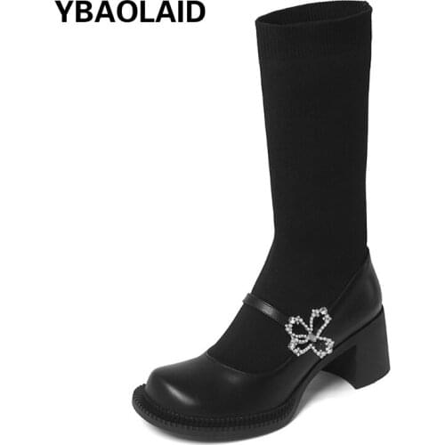 One Word Buckle with Rhinestone Flower Thick Heel Mary Jane Short Boots Retro Solid Color Round Toe High Heel Stretch Knit Boots