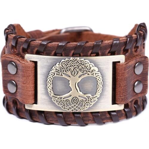 Nordic Viking World Tree of Life Leather Bracelet Mens Amulet Odin Bracelet - Adjustable Size 19-30 cm