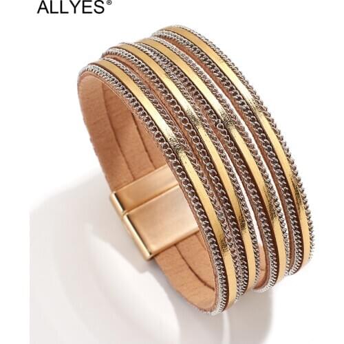 ALLYES Simple Boho Multilayer Chain Leather Bracelets for Women Fashion Gold Color Wrap Bracelet Unisex Jewelry Gifts