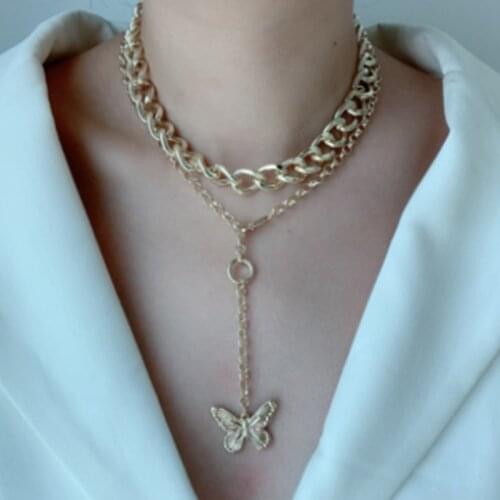 HuaTang 2021 Elegant Long Chains Butterfly Pendant Necklace for Women Punk Thick Cuban Clavicle Chain Choker Lady Party Jewelry