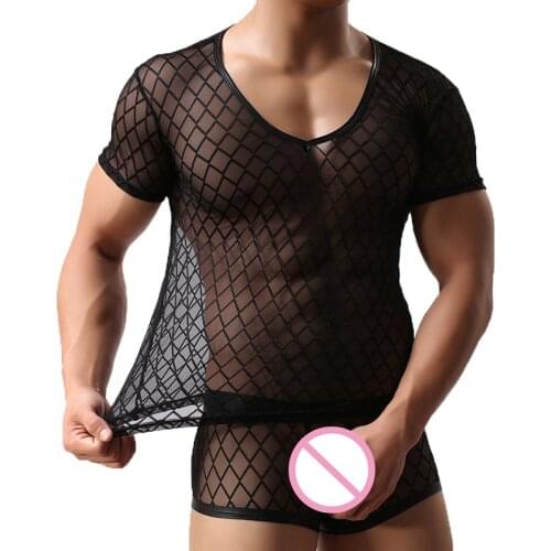Men Undershirts Mesh Fishnet Shorts Sleeve T-shirts + Boxer Shorts Transparent Slip Homme Fitness Underwear Two Piece Sleepwear