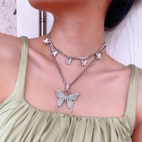 Hot Selling Gold Metal Necklaces For Women Jewelry Exquisite Crystal Butterfly Shaped Choker Necklace Multi layer Collar