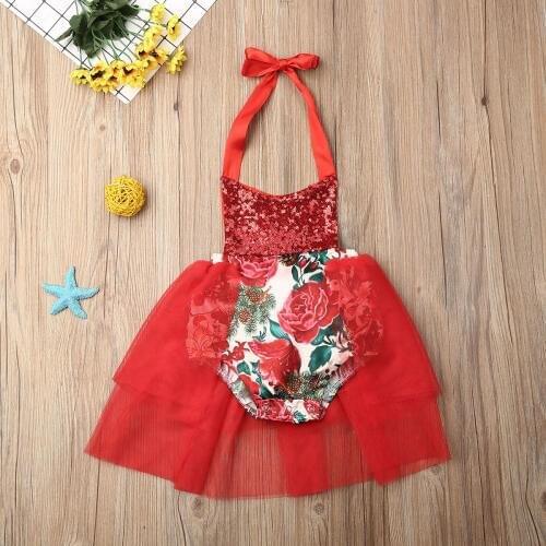 Pudcoco Newborn Baby Girl Clothes Sleeveless Flower Print Sequin Strap Tulle Backless Romper Jumpsuit One-Piece Outfit Clothes