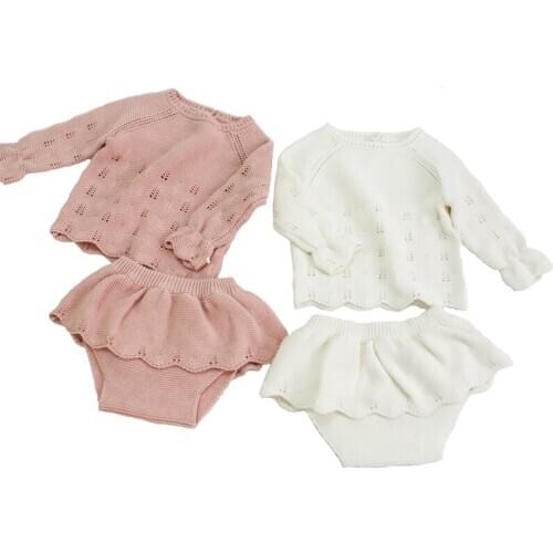 0-24m newborn baby clothing set Spring autumn cotton knitted ruffles sweater+skirt pants suit for girls suit children outfits