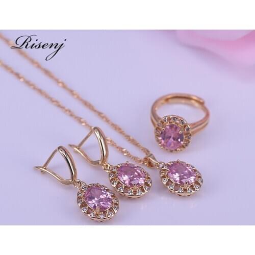Gold Jewelry Set Earrings Adjustable Ring Necklace Set Princess Pink Crystal Jewelry Bridal Jewelry